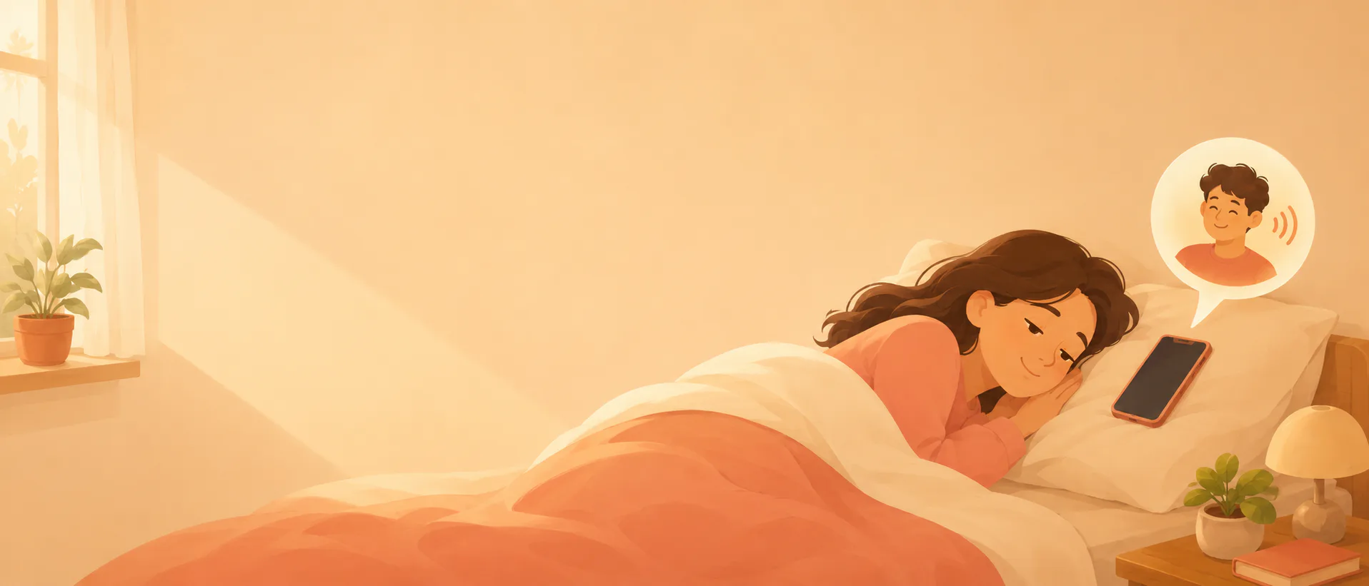 Illustration of someone asleep in bed while a loved one's voice arrives from the phone beside the pillow